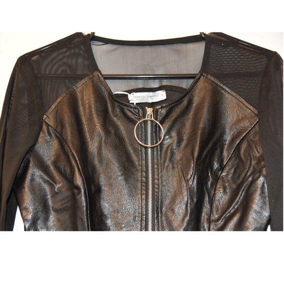 Rinascimento - Faux-leather Sheer Sleeves Little Black Dress (Made in Italy) - Picture 9 of 11